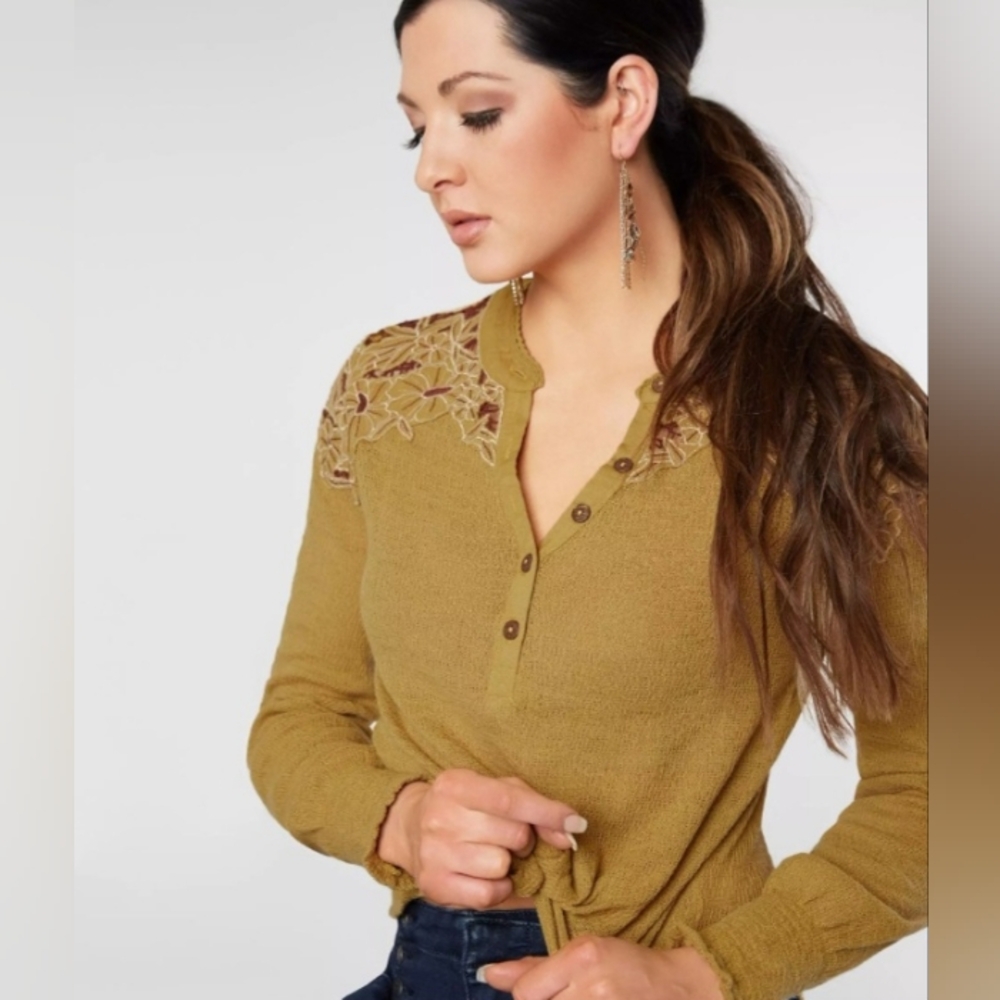 Free People Easy Breezy Long Sleeve Henley Top Shirt Size Large NEW NWT Boho